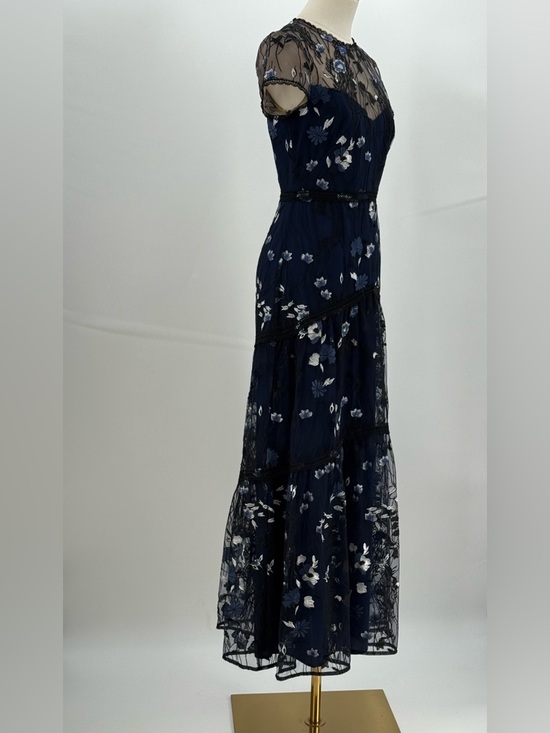 Monique Lhuillier Navy Blue Floral Embroidered Lace Midi Evening Cocktail Dress - Picture 4 of 16